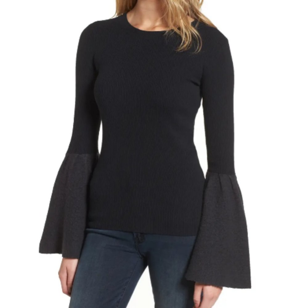 New Chelsea28 Bell Sleeve Rib Knit Black Sweater M